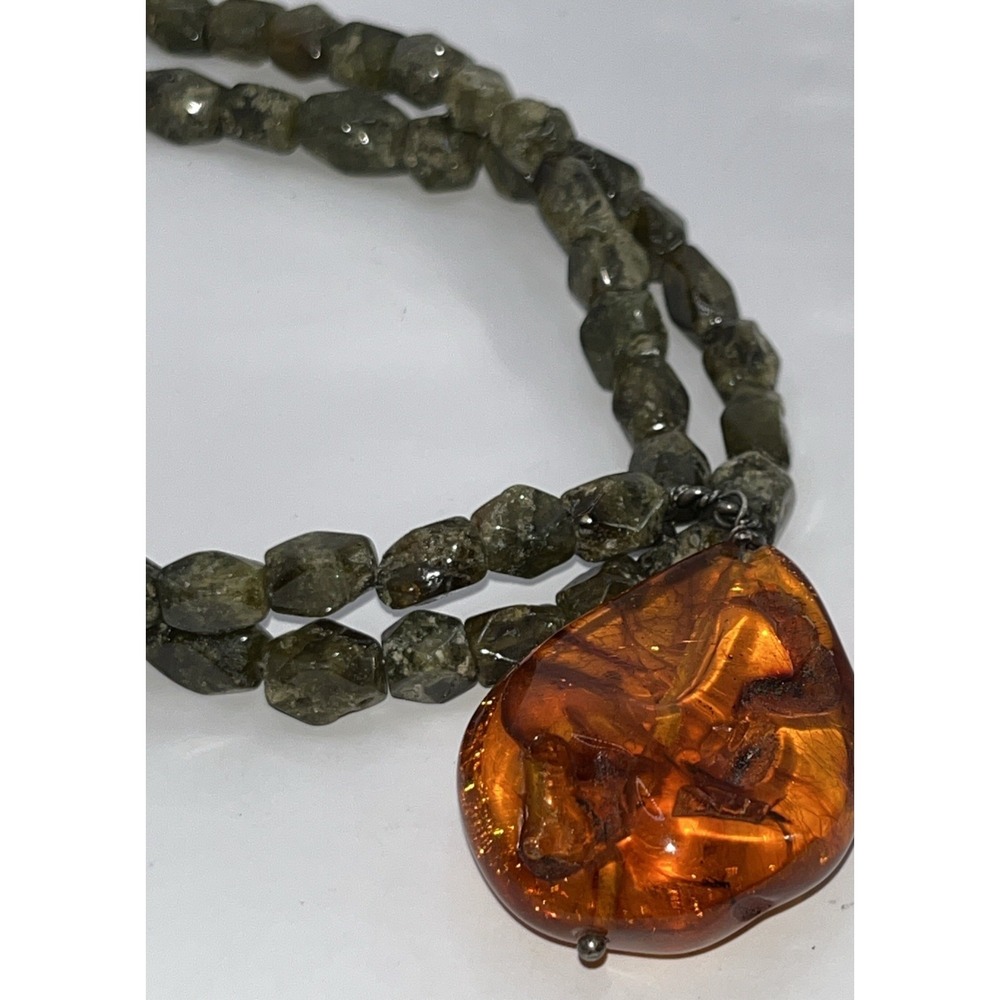 Green Amethyst & Baltic Amber 18" Necklace Sterling Clasp Earthy Natural Rustic - Picture 3 of 6